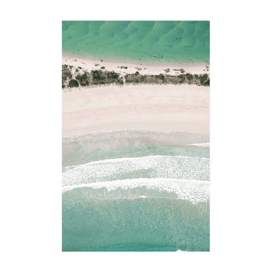 Aerial view of Broulee Beach on the South Coast of NSW, showcasing turquoise waters, soft white sand, and gentle rolling waves in a minimalist coastal composition.