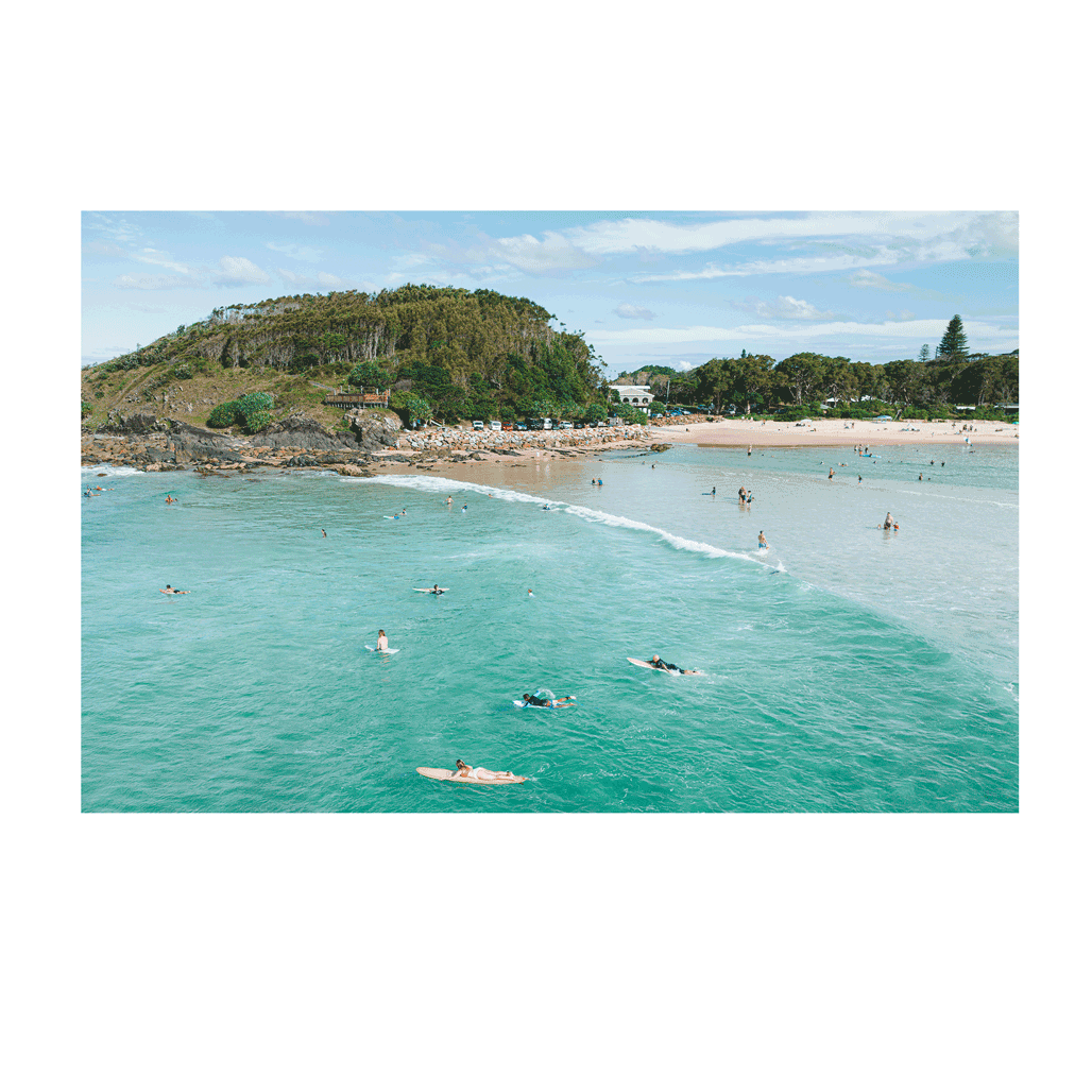 A dreamy, sunlit coastal scene at Scotts Head, NSW, featuring a surfer gliding across shimmering ocean waters. The blurred foreground of green coastal foliage adds depth to the tranquil seaside moment.
