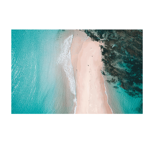 An aerial coastal view of Blue Bay, NSW, showcasing golden sandbanks between turquoise ocean waters and rugged rock formations.