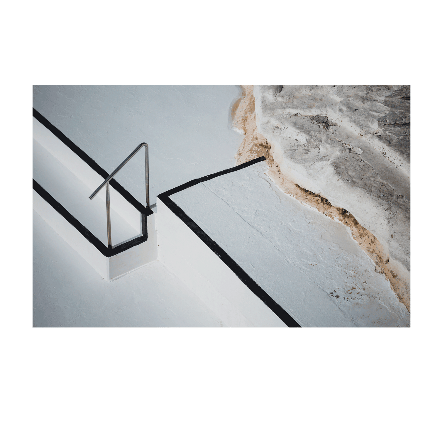 A minimalist architectural composition of Bondi’s ocean pool, featuring natural rock formations, crisp white surfaces, and bold black lines.