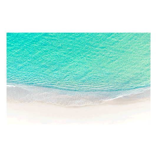 A stunning aerial ocean print of Forresters Beach, NSW, featuring crystal-clear aqua waters meeting soft white sand in a tranquil coastal scene.