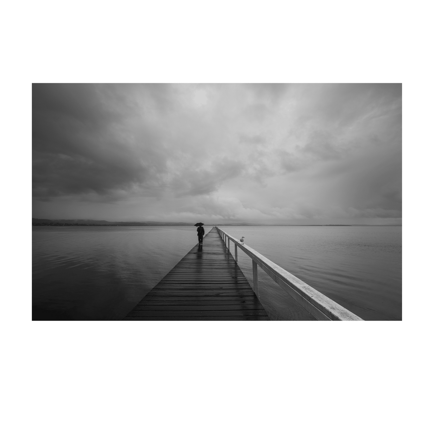 A striking black and white coastal scene of Long Jetty, NSW, featuring a lone figure walking with an umbrella along a rain-soaked boardwalk under stormy skies.