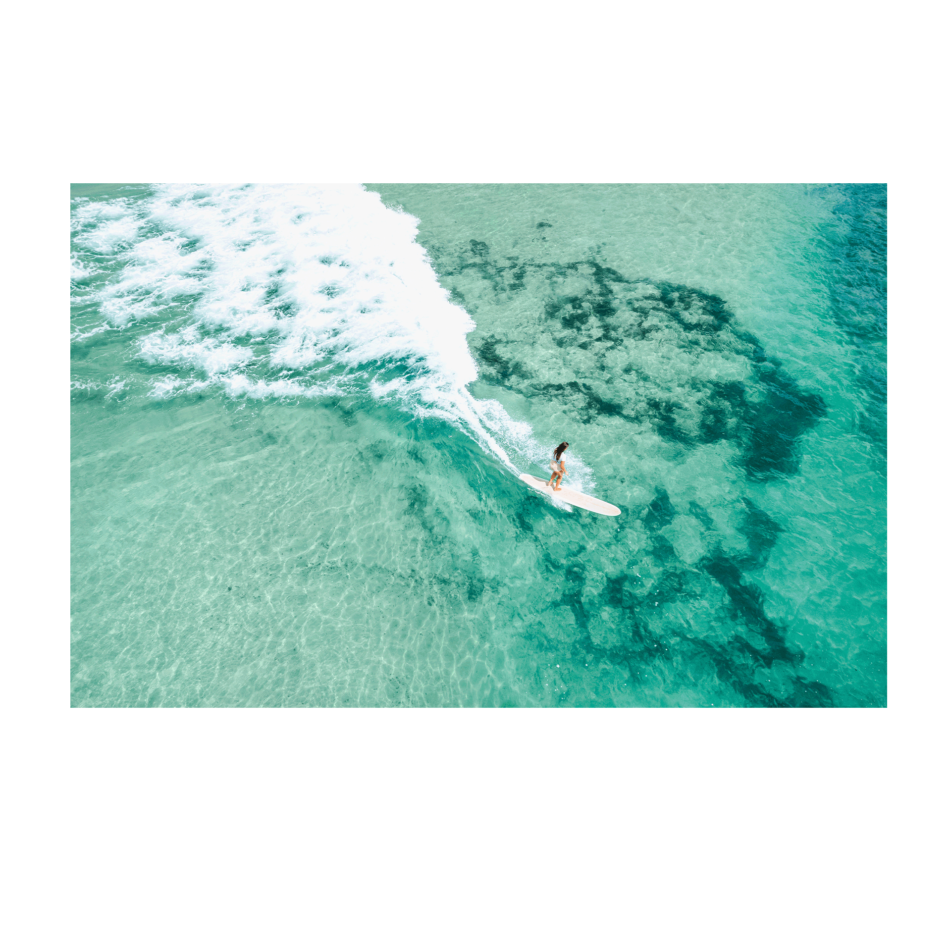 A stunning aerial view of Soldiers Beach, Norah Head, NSW, featuring a longboard surfer riding a wave over a vibrant reef.