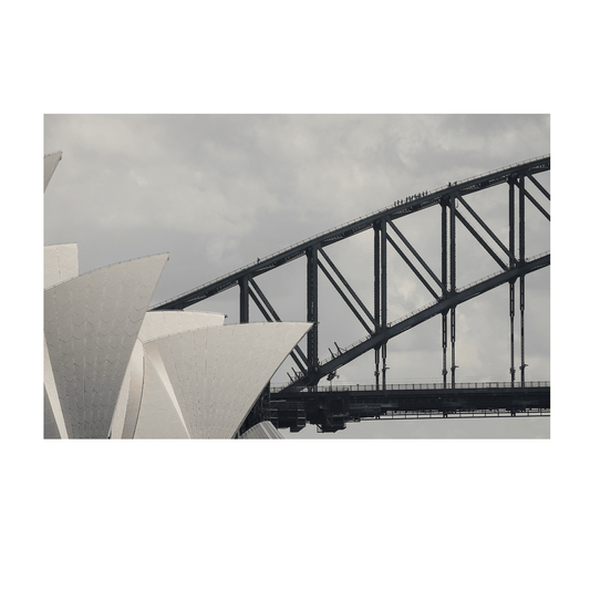 A striking architectural composition of the Sydney Opera House and Harbour Bridge, showcasing two of Australia’s most famous landmarks.